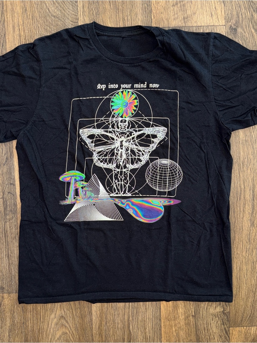 Black Graphic Tee with Holographic Psychedelic Design